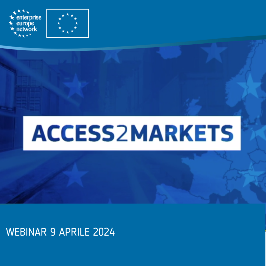 Sfondo blu con simbolo dell'Unione Europea, in primo piano la scritta "Acces2markets"